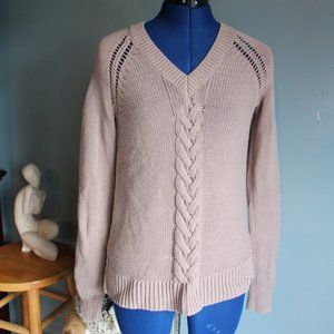V-Neck Cable Sweater Top Mocha Brown